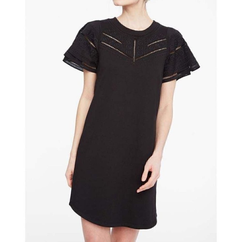NWT PARKER Katrina Ribbed Trim Black Eyelet Mini Terry Ruffle Sleeve Dress XS